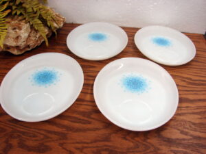 Set/4 Vintage Fire King Milk Glass Blue Mosaic Pattern Oval Snack Plates