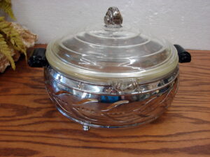 Antique Clear Glass Glasbake Art Deco Casserole w/ Lid Chrome Bakelite Handle Holder