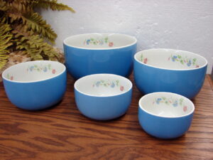 Set/5 as is Vintage Hall's China Morning Glory Heavy Duty Nesting Mixing Bowls