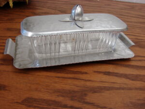 Vintage Rodney Kent Glass Butter Dish Hammered Aluminum Decorated Lid and Base
