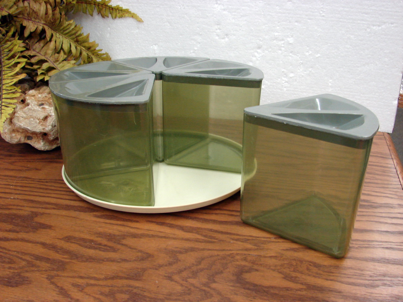 Vintage Pie Shaped Avocado Green Canister Set Plastic Lazy Susan Divided Set