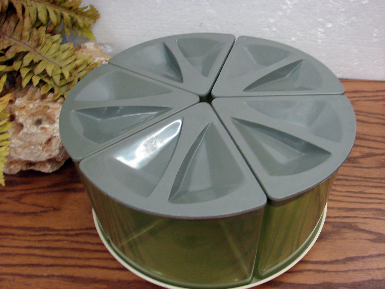 Vintage Pie Shaped Avocado Green Canister Set Plastic Lazy Susan Divided Set - Image 2