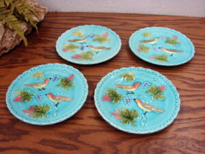 Set/4 Vintage 1953 G.S. Zell German Majolica Bird Berry Dessert Plates 6 1/2"