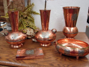 Set/5 Vintage Hammered Copper Silver Inlaid Peru Lot Lamps Vase Bowl Box Peruana