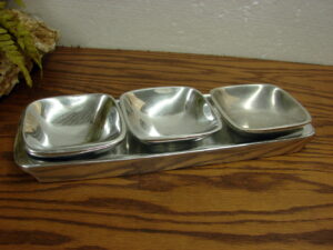 Vintage Pottery Barn Barona Condiment Tray w/ Bowls Square Silver Aluminum Party Set