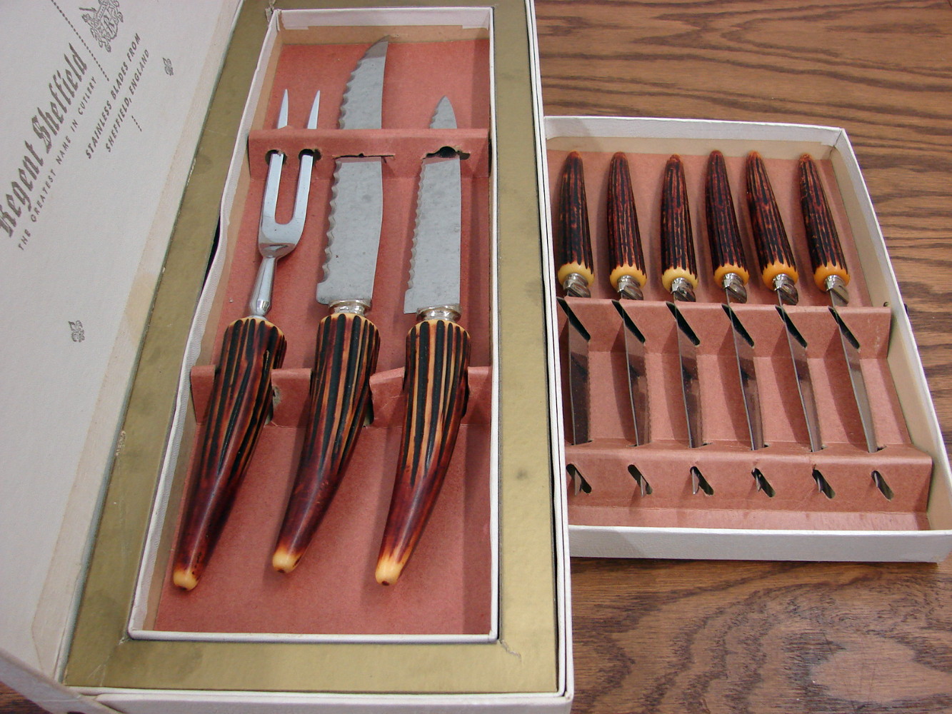 Vintage Faux Antler England Regent Sheffield 9 Pc Meat Carving Steak Knife Set in Case - Image 2