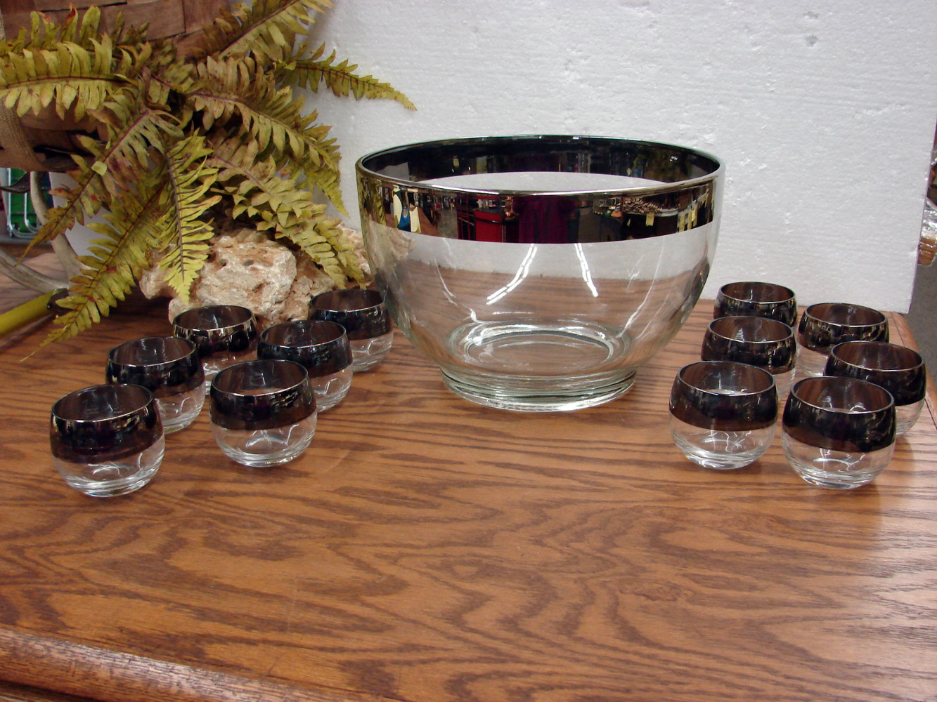 Vintage Dorothy Thorpe Silver Band Punch Bowl Set with 12 Roly Poly Cups