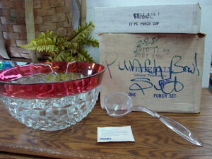 Brand New Vintage Cubist Whitehall Crystal Colony Ruby Flash Punch Bowl Cups Ladle