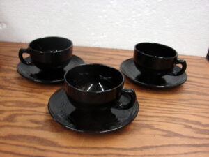 Set/3 Vintage Black Amethyst Glass Cup and Saucer w/ Vine
