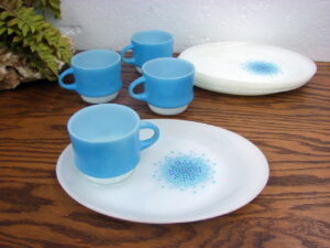 Vintage Fire King Milk Glass Blue Mosaic Pattern Oval Snack Plates and Cups