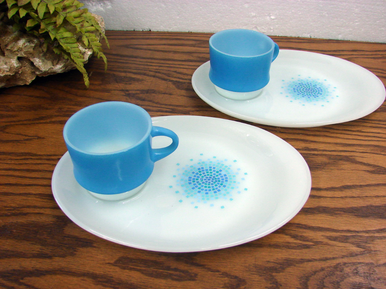 Set for Two Vintage Fire King Milk Glass Blue Mosaic Pattern Oval Snack Plates and Cups