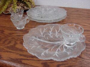Set/3 Vintage Indiana Glass Pebble Leaf Twiggy Snack Luncheon Plates Cups