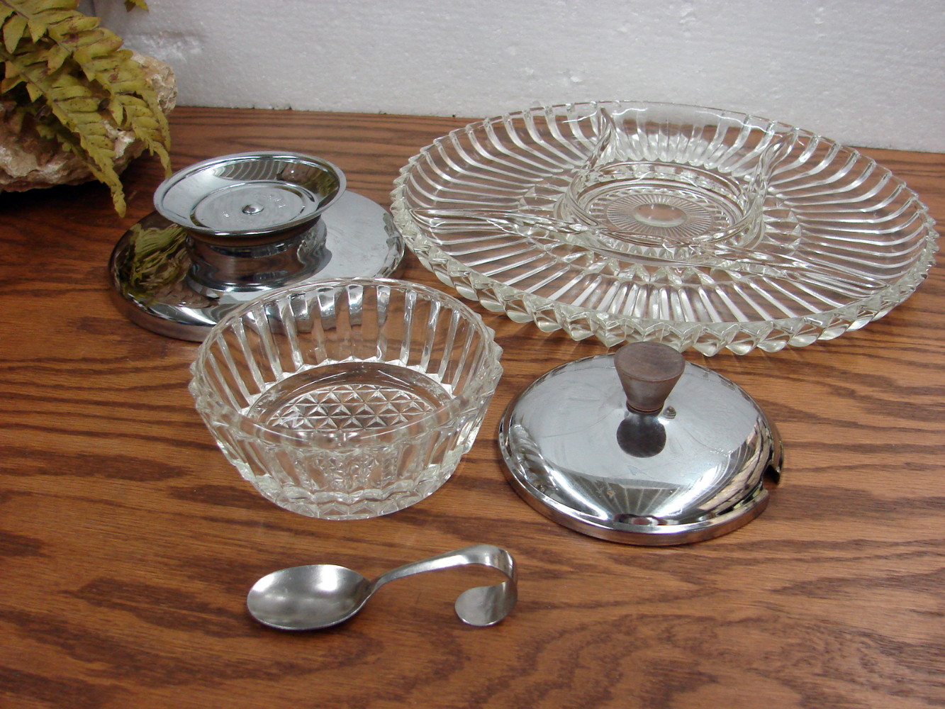 5 pc Vintage Like New Kromex Chrome Glass Hors d'oeuvres Lazy Susan Set w/ Spoon - Image 3