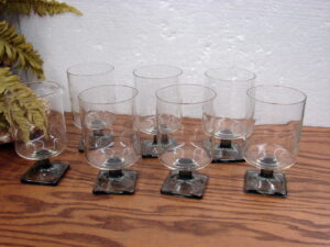 Set/7 Vintage Federal Glass Nordic Midnight Smoke Water Goblet Square Footed