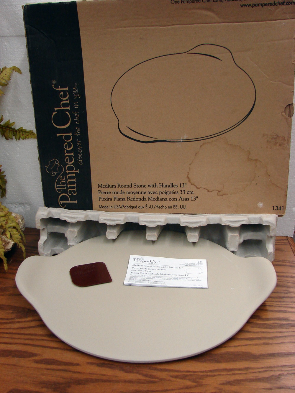 Brand New Pampered Chef Stoneware Pizza Stone 13" w/ Handles Scraper #1341