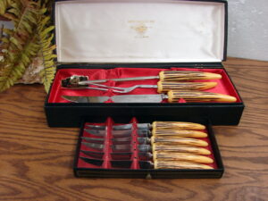 Vintage Faux Antler England E Parker Sheffield 9 Pc Meat Carving Steak Knife Set in Case
