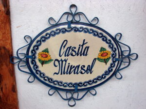 Vintage Oaxaca Mexico Red Clay Talavera Sign in Iron Hanger Casita Mirasol Spanish Sunflower Cottage