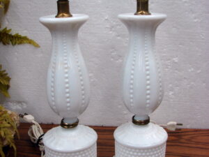 Set/2 Vintage Boudoir Milk Glass Hobnail Panel Bedside Lamps Tested No Shades 11"