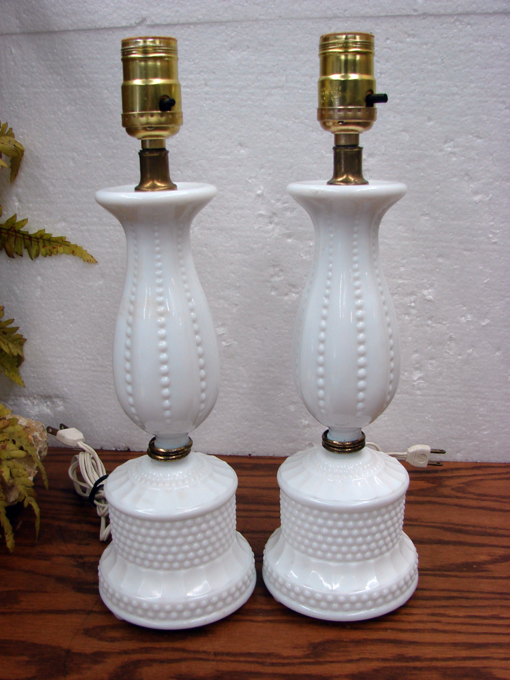 Set/2 Vintage Boudoir Milk Glass Hobnail Panel Bedside Lamps Tested No Shades 11"