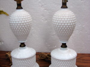 Set/2 Vintage Boudoir Milk Glass Hobnail Bulbous Bedside Lamps Tested No Shades 10"
