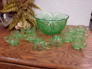 Vintage L G Wright Glass Daisy and Button Green Punch Bowl w/ 11 Footed Cups