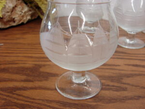 Set/4 Vintage Clear Etched Crystal Blown Glass Clipper Ship Brandy Snifter