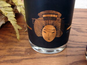 Set/4 Vintage MCM Black Gold Geisha Rocks Old Fashion Glasses Barware