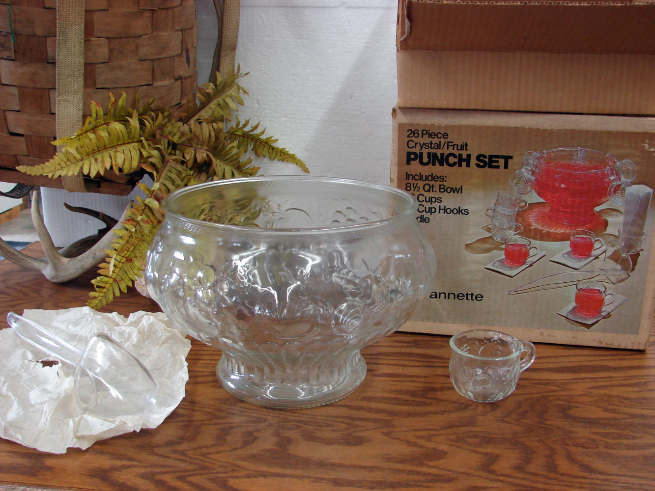 24 pc Vintage Jeanette Glass Fruit Design Punch Bowl Cups Hooks Ladle in Original Box - Image 5
