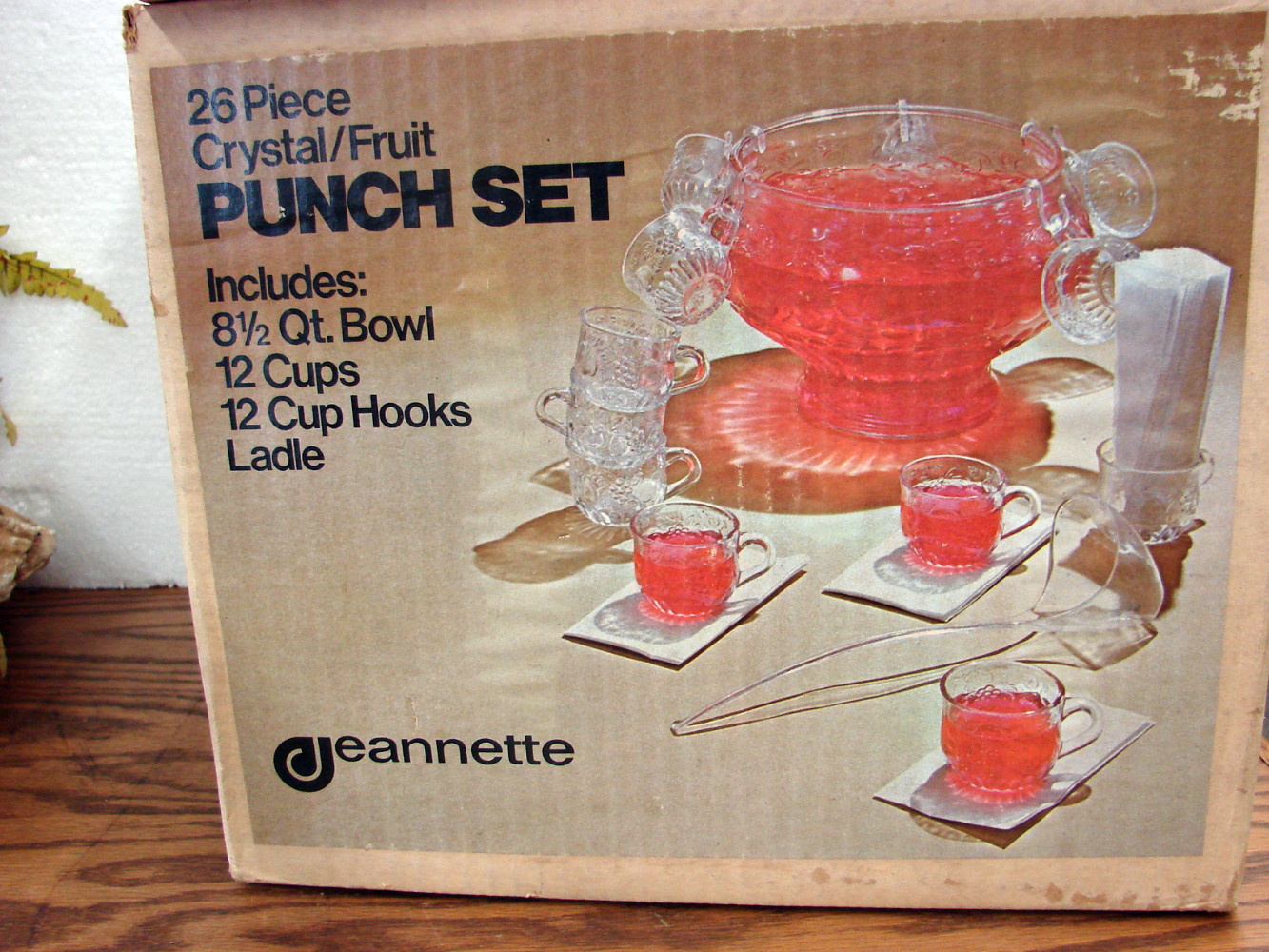24 pc Vintage Jeanette Glass Fruit Design Punch Bowl Cups Hooks Ladle in Original Box