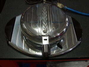 Vintage MCM Electric Waffle Maker Chrome Oval Art Deco Universal Brown Accents
