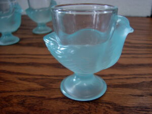 Set/6 Luminarc Blue Satin and Clear Glass Chicken Figural Egg Cups France