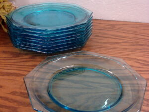Set/9 Vintage Hazel Atlas Capri Octagonal Blue Aqua Dinner Plates 9"
