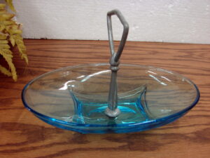 Vintage Hazel Atlas Capri Colonial Blue Aqua Oval Tidbit Bowl Tray w/ Handle