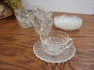 Set/6 Vintage Anchor Hocking Bubble Cup and Saucer Sets Clear Glass