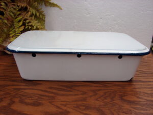 Vintage Refrigerator Box Drawer w/ Lid Blue White Enamelware Heavy Duty Metal