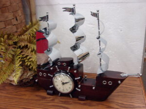 Vintage MCM Wood United Chrome Clipper Ship Mantel Clock Tested Working