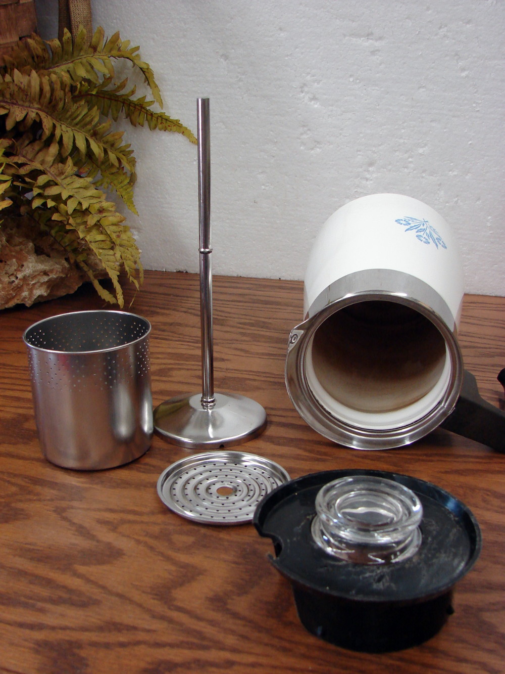 Complete Vintage Corning Ware 9 Cup Blue Cornflower Stove Top Coffee Pot Percolator Stained - Image 2