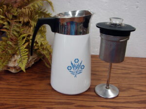 Complete Vintage Corning Ware 10 Cup Blue Cornflower Stove Top Coffee Pot Percolator