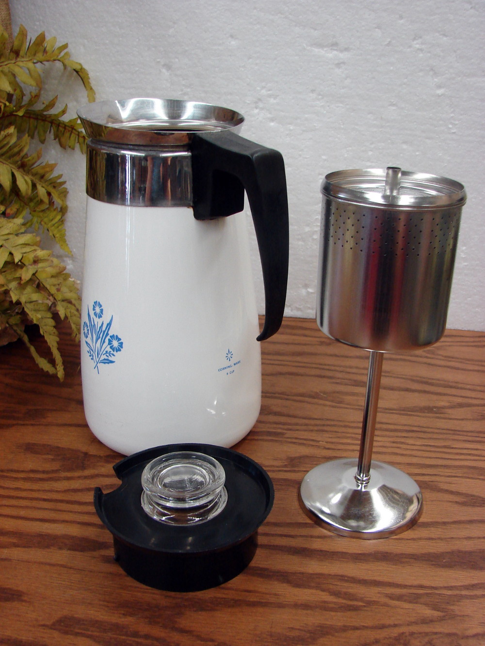 Complete Vintage Corning Ware 9 Cup Blue Cornflower Stove Top Coffee Pot Percolator Stained