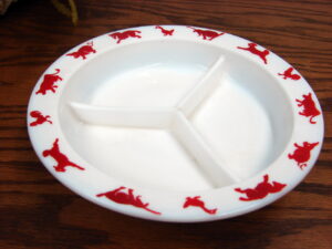 Vintage Hazel Atlas Milk Glass Childs Divided Bowl Dish Red Animals Border