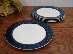 Set/4 Sakura Galaxy Set Dinner Plates Blue Celestial Star Moon14k Gold Like New