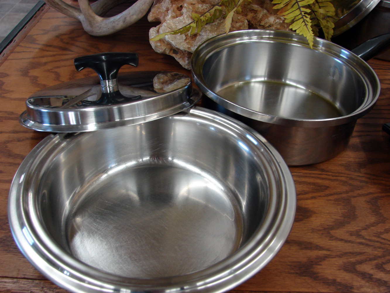 6 pc Vintage Kitchen Craft 3 Ply Stainless Steel Sauce Pan Melting Pot Skillet w/ T Handle Lids - Image 3