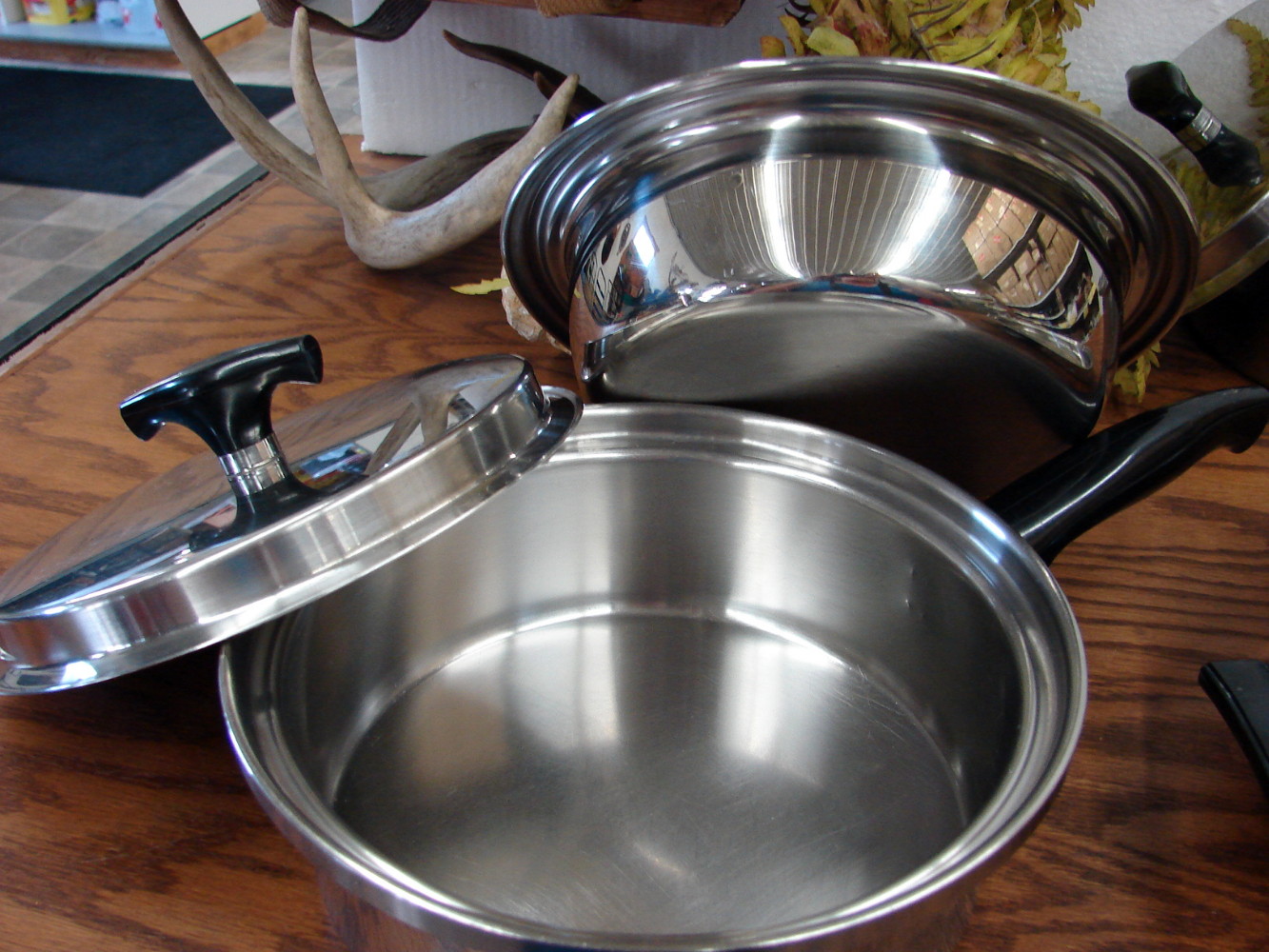 6 pc Vintage Kitchen Craft 3 Ply Stainless Steel Sauce Pan Melting Pot Skillet w/ T Handle Lids - Image 5