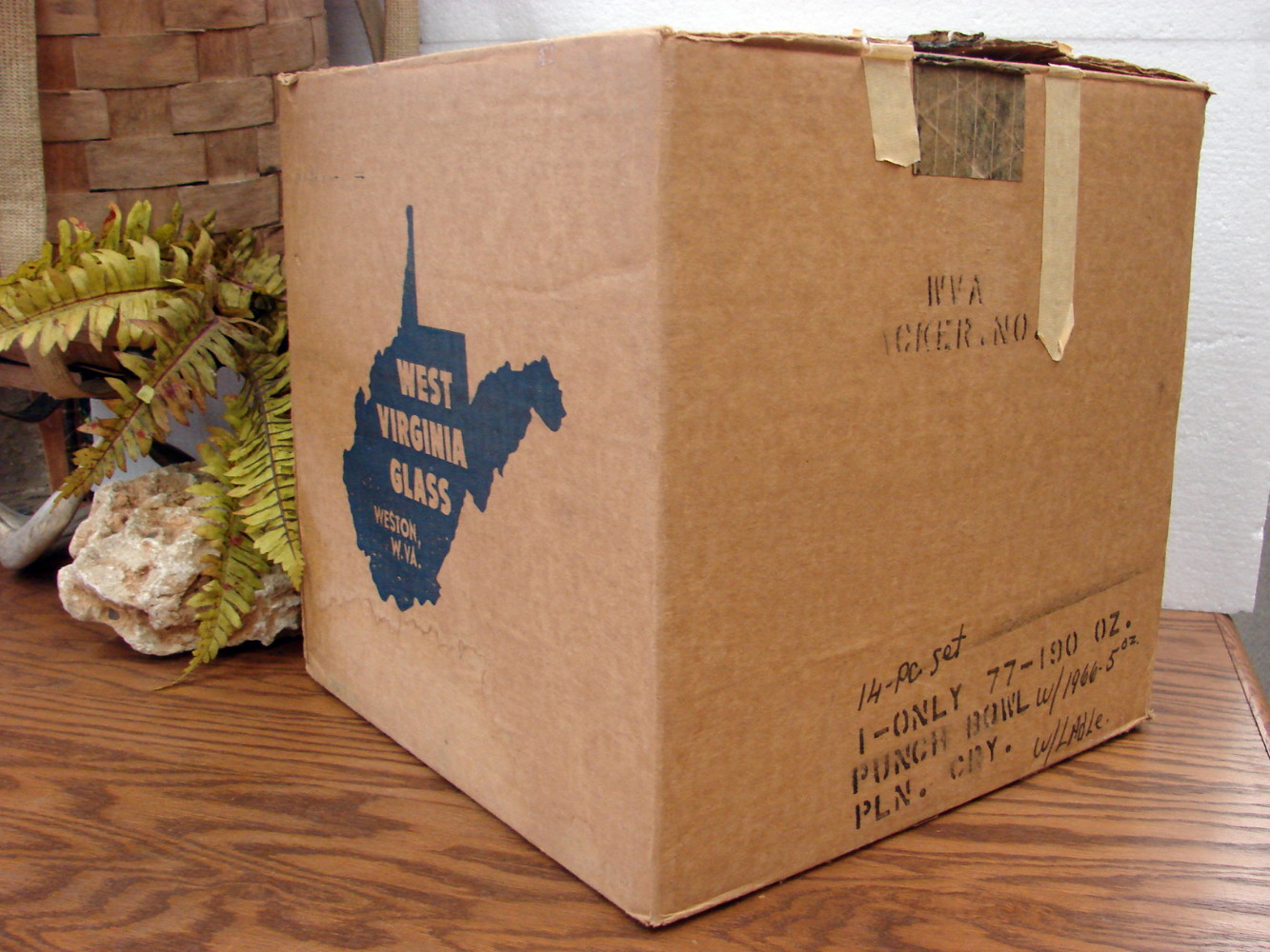 West Virginia Glass Punch Bowl Set in Original Box Bowl Cups Glass Ladle