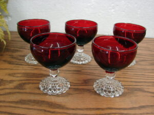 Set/5 Vintage Anchor Hocking Royal Ruby Red Bubble Footed Liquor Cocktail