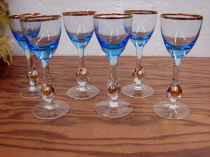 Set/6 Czech Cordials Hand Blown Jozef Stanik Gold Zuzana Cobalt Blue Gold Ball Stem