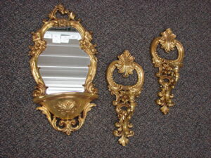Vintage 1970's Dart Syroco Burwood Antiqued Gold Wall Mirror/Shelf and Candle Sconces
