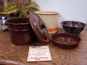 Vintage 1970's Enamel Ware Everything Pot 5 Pc Stock Pot Steamer Strainer Double Boiler