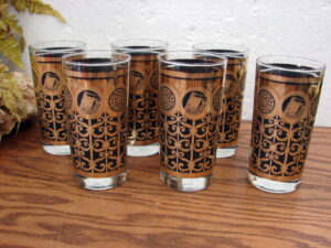 Set/6 Vintage 1965 Libbey Prudential Rock of Gibraltar Black 22k Gold Highball Glasses