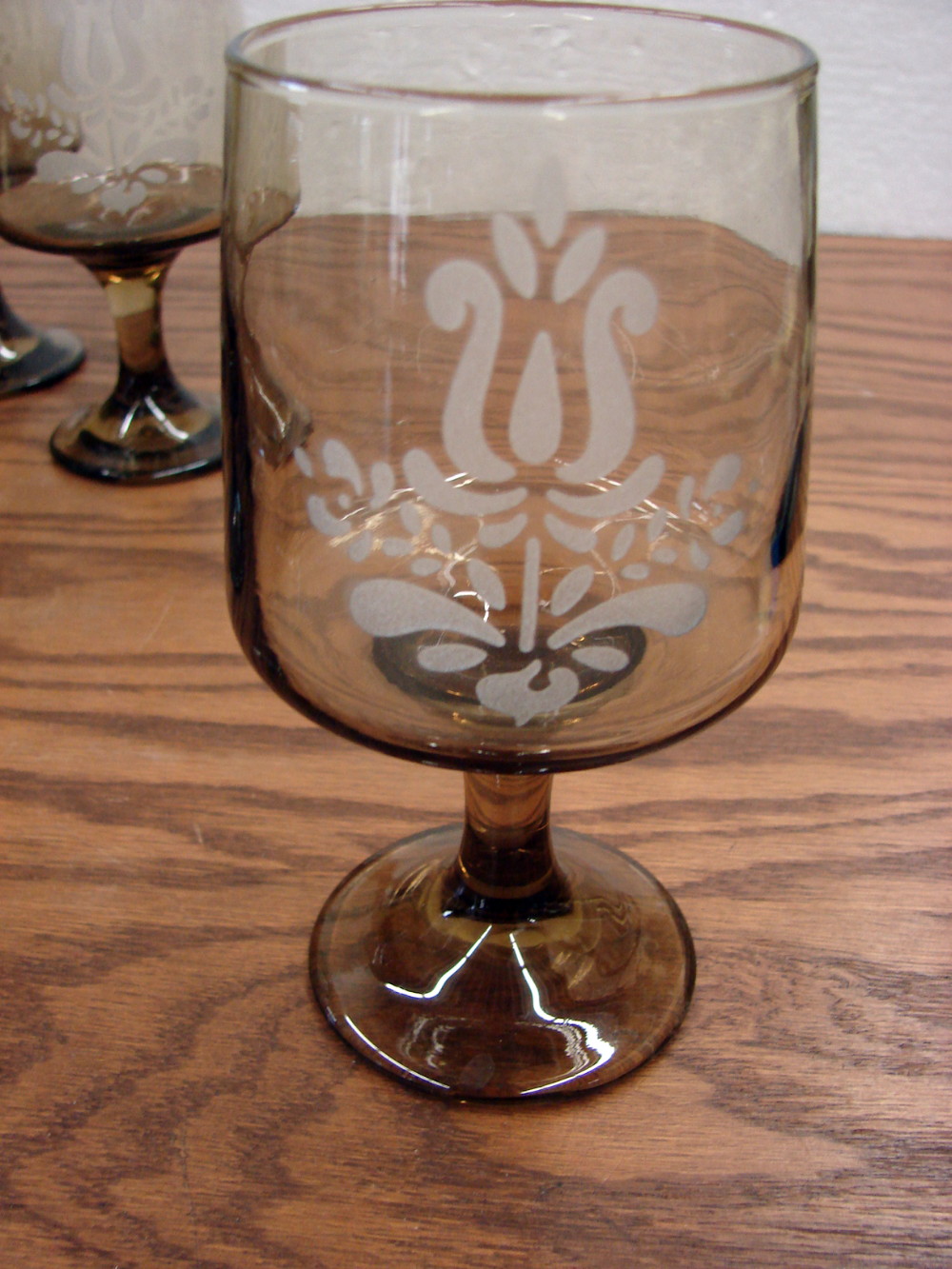 Set/9 Vintage Pfaltzgraff Village Glassware Brown Etched Goblet 5 7/8"